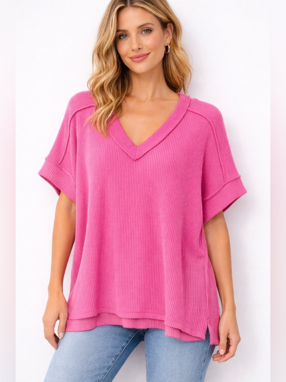 Zenana Outfitters Oversized V Neck Ribbed Top in Light Pink